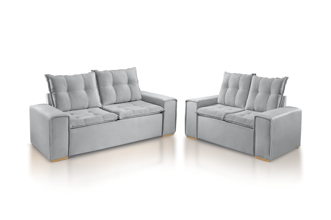 SOFÁ SABRINA 3 E 2 LUGARES COM  1,97M/1,47M - TECIDO EM VELUDO CINZA 525