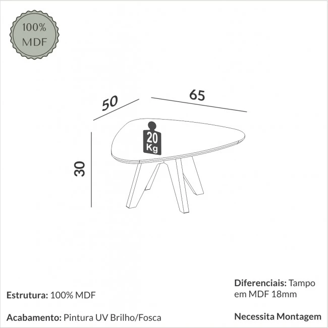 MESA DE CENTRO ÍRIS COMPACTA  OFF WHITE/FREIJÓ - TB612