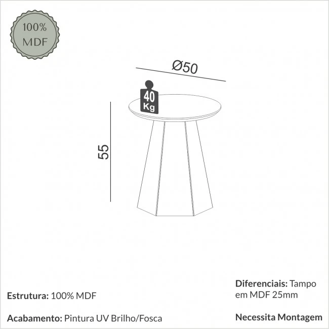 MESA LATERAL PRISMA HEXAGONAL OFF WHITE/FREIJÓ - TB606