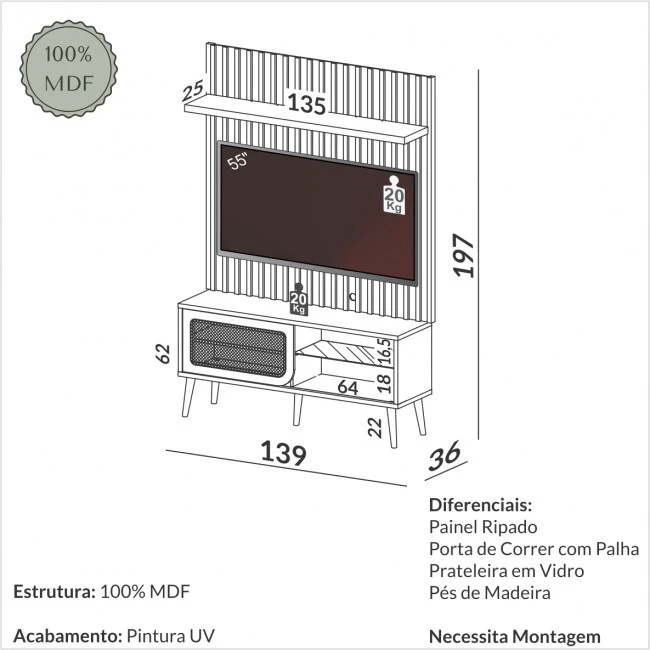 RACK COM PAINEL PARA TV COM PALHA NATURAL E RIPADO FREIJÓ - TB324