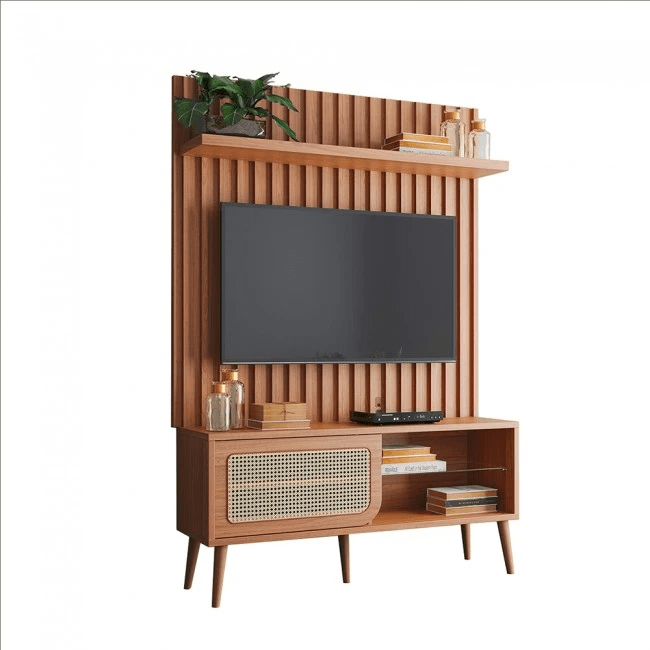 RACK COM PAINEL PARA TV COM PALHA NATURAL E RIPADO FREIJÓ - TB324