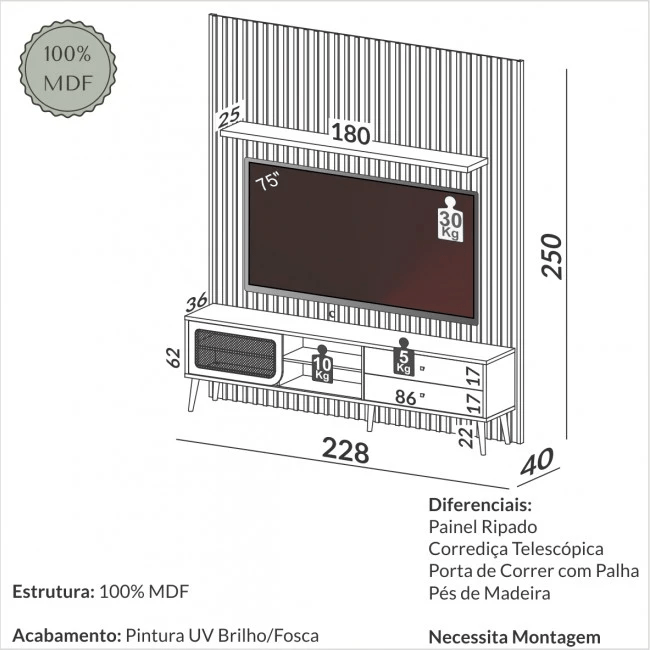 RACK COM PAINEL PARA TV RIPADO FREIJÓ - TB323