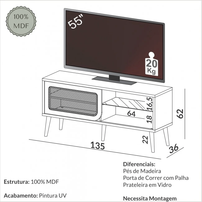 RACK PARA TV 135CM PALHA NATURAL CURVE FREIJÓ - TB312