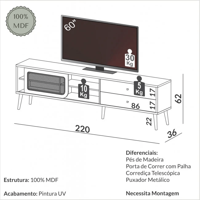 RACK PARA TV 220CM CURVE FREIJÓ COM PALHA - TB311