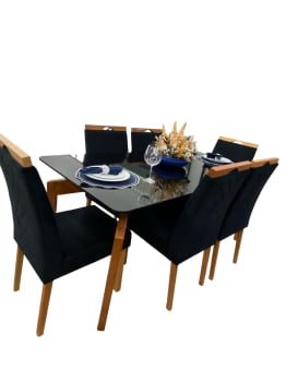 MESA DE JANTAR CRISTAL COM 6 CADEIRAS VENEZA - SUEDE PRETO AW32 - 1,80M x 0,90M