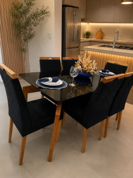 MESA DE JANTAR CRISTAL COM 6 CADEIRAS VENEZA - SUEDE PRETO AW32 - 1,80M x 0,90M