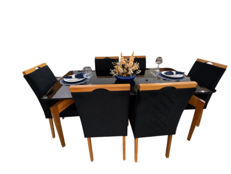 MESA DE JANTAR CRISTAL COM 6 CADEIRAS VENEZA - SUEDE PRETO AW32 - 1,80M x 0,90M