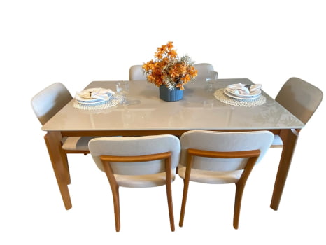 MESA DE JANTAR EGEU COM 6 CADEIRAS GOLD - TECIDO BEGE CLARO C10 - 1,60M x 0,90M