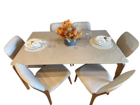 MESA DE JANTAR EGEU COM 6 CADEIRAS GOLD - TECIDO BEGE CLARO C10 - 1,60M x 0,90M