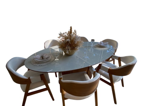 MESA DE JANTAR FLORENÇA COM 6 CADEIRAS TORONTO - TECIDO OFF WHITE - 2M x 1M