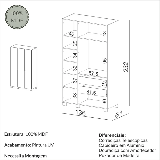 GUARDA ROUPAS OPALINA FREIJÓ/OFF WHITE - W203
