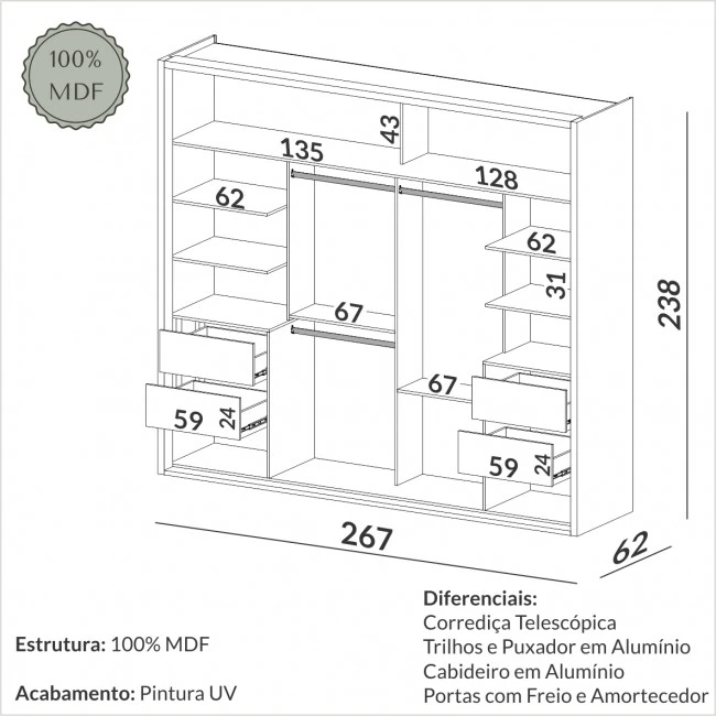GUARDA ROUPAS JADE PRIME - FREIJÓ/OFF WHITE - TW603