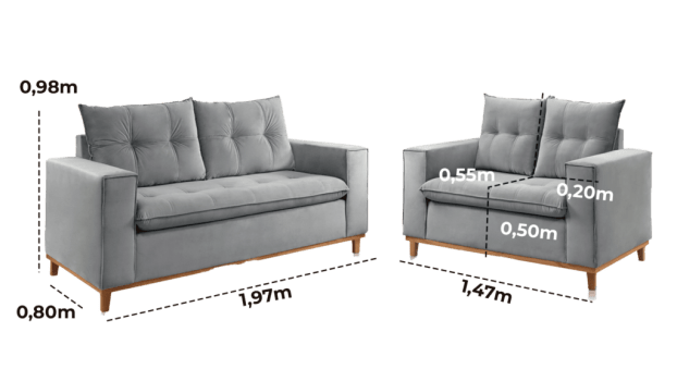 SOFÁ LISA 3 E 2 LUGARES COM 1,97M/1,47M - TECIDO EM VELUDO CHUMBO 526