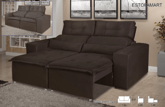Sofá-Cama Retrátil 3 Lugares Marrom com Encosto Reclinável