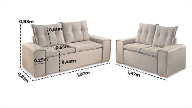 SOFÁ SABRINA 3 E 2 LUGARES COM  1,97M/1,47M - TECIDO EM VELUDO CINZA 525